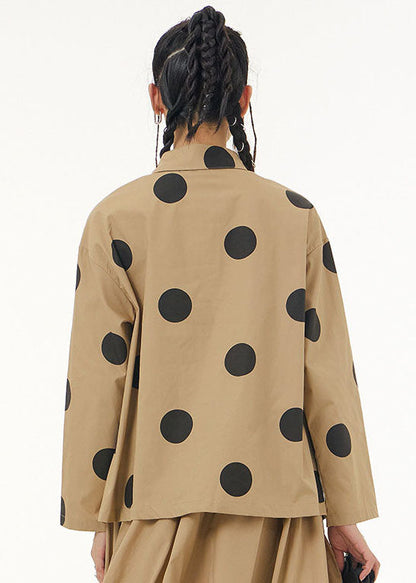 Beautiful Khaki Peter Pan Collar Dot Print Patchwork Cotton Shirt Spring