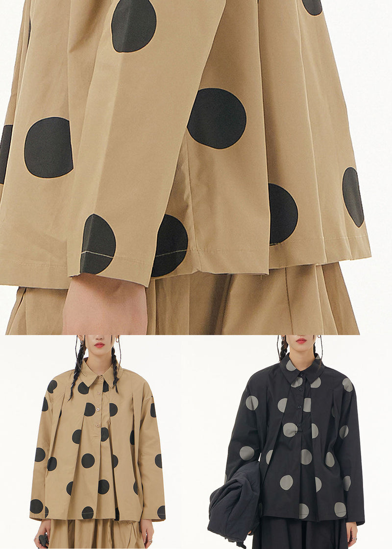 Khaki Peter Pan Collar Dot Print Patchwork Cotton Shirt Spring