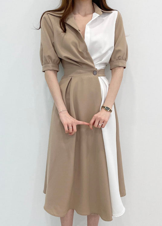 Khaki Peter Pan Collar Patchwork Cotton Dresses Short Sleeve