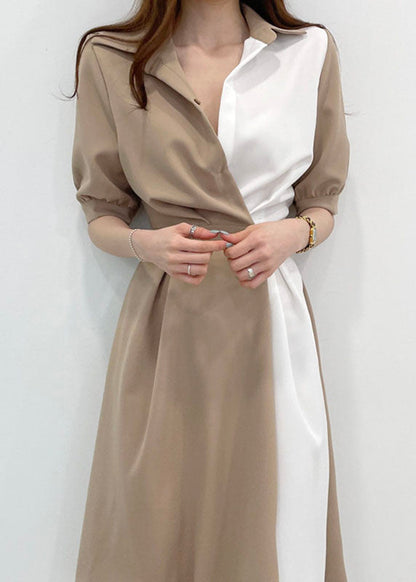 Khaki Peter Pan Collar Patchwork Cotton Dresses Short Sleeve