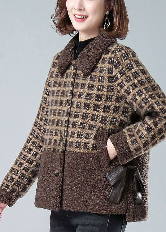 Khaki Peter Pan Collar Pockets Plaid Faux Fur Coats Winter