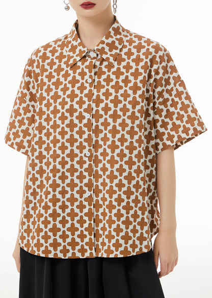 Khaki Peter Pan Collar Print Patchwork Cotton Shirt Summer