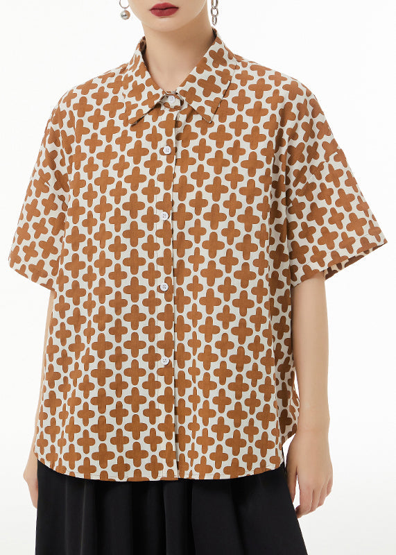 Khaki Peter Pan Collar Print Patchwork Cotton Shirt Summer
