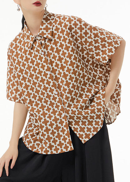 Khaki Peter Pan Collar Print Patchwork Cotton Shirt Summer