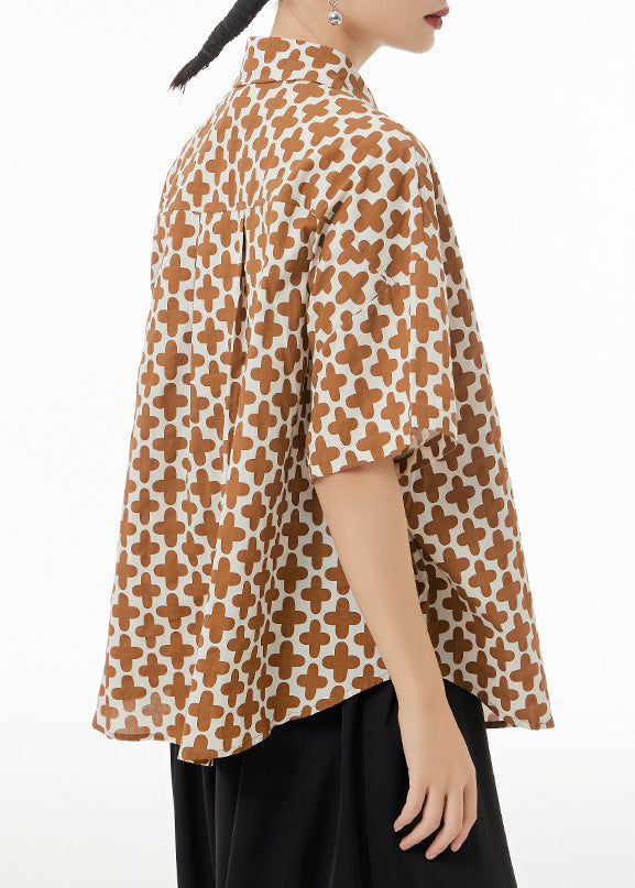 Khaki Peter Pan Collar Print Patchwork Cotton Shirt Summer