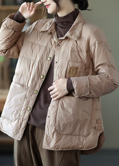 Khaki Button Loose Low High Design Winter Down Coats
