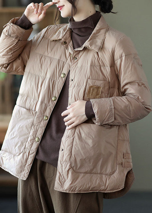Khaki Button Loose Low High Design Winter Down Coats