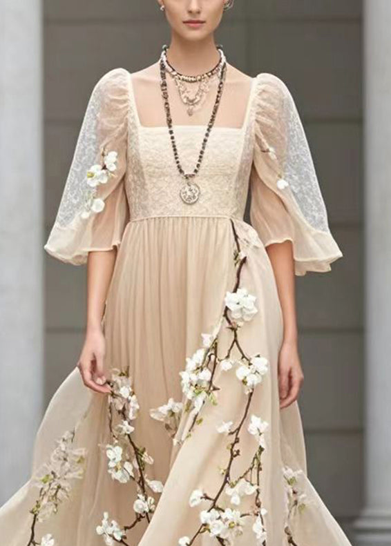 Khaki Puff Sleeve Three-dimensional Plum Blossom Chiffon Sundress