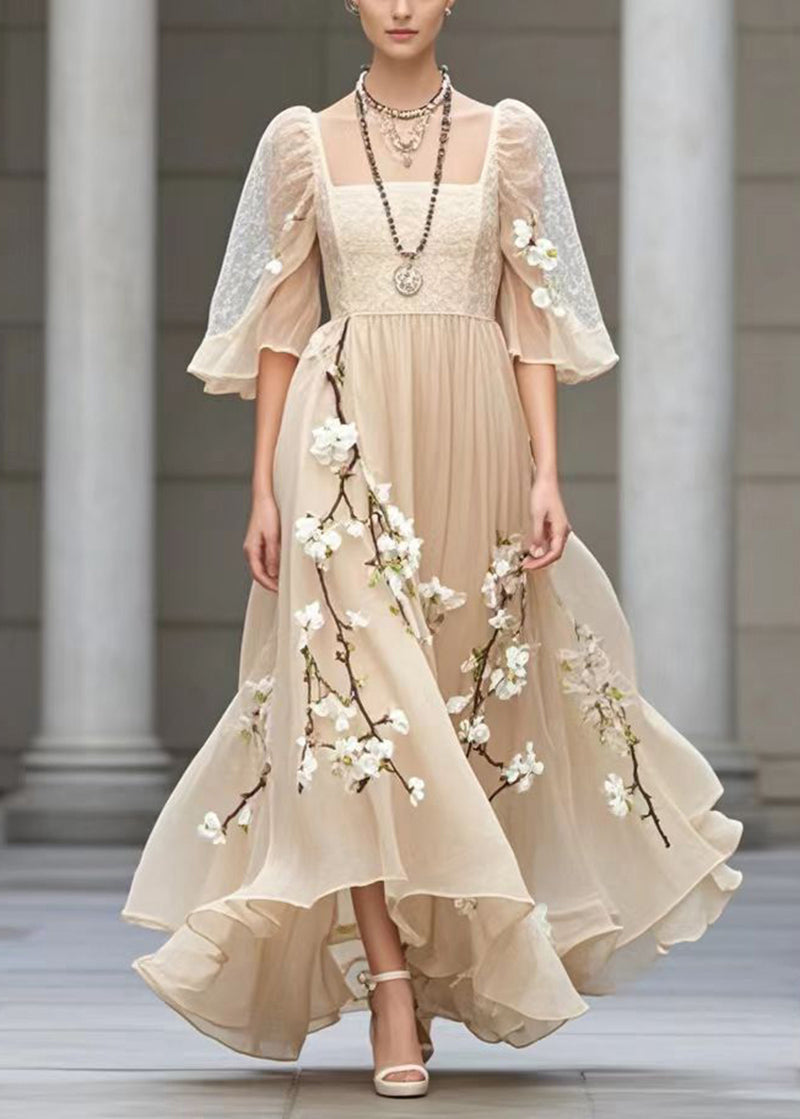 Khaki Puff Sleeve Three-dimensional Plum Blossom Chiffon Sundress