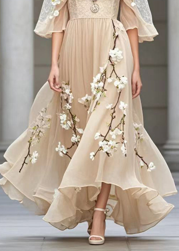 Khaki Puff Sleeve Three-dimensional Plum Blossom Chiffon Sundress