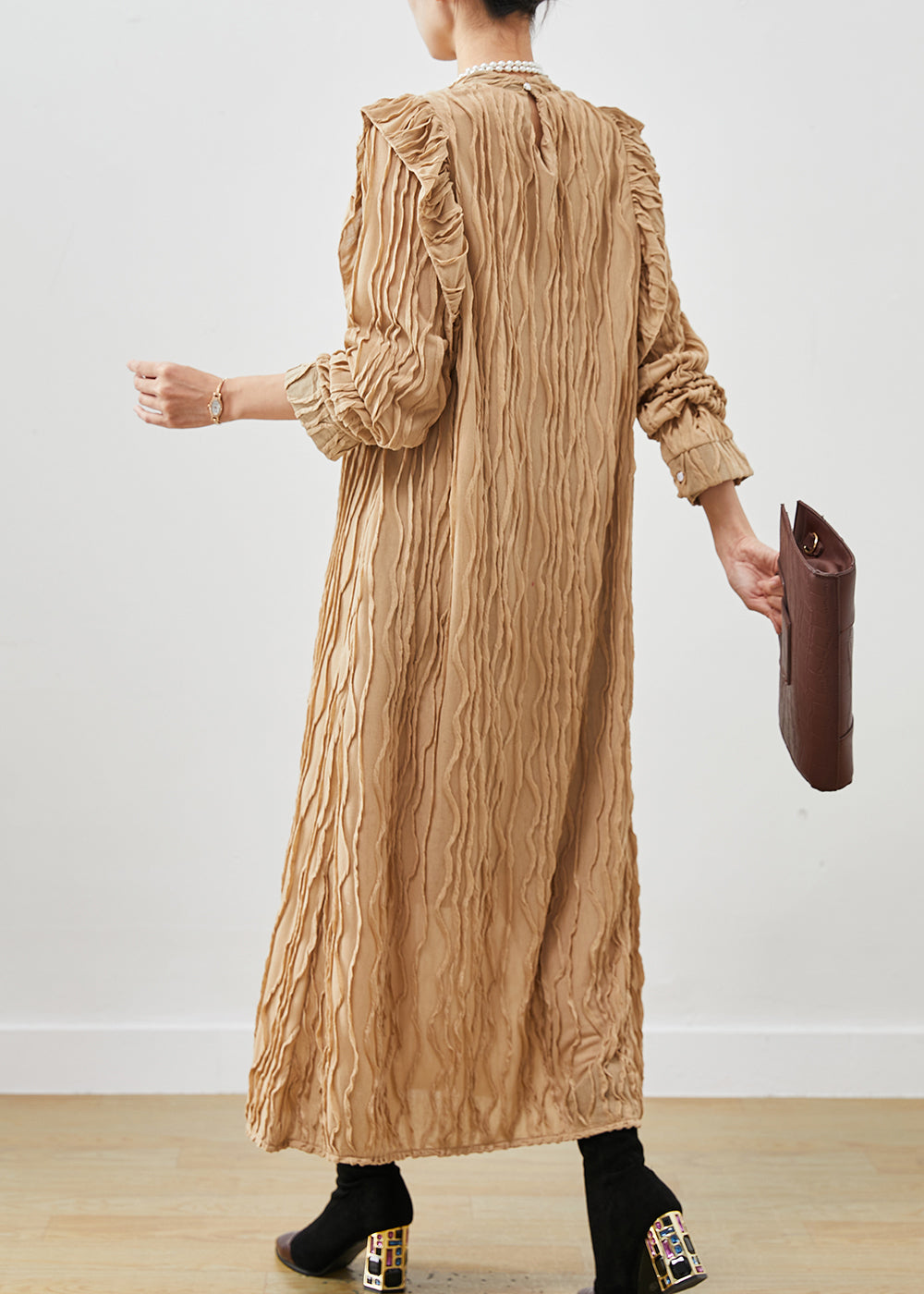 Khaki Ruffled Patchwork Cotton Party Dress Spring
