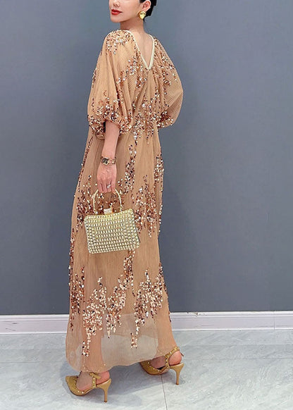 Khaki Sequins Wrinkled Tulle Party Long Dress Puff Sleeve