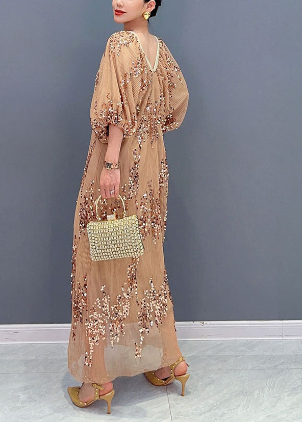 Khaki Sequins Wrinkled Tulle Party Long Dress Puff Sleeve