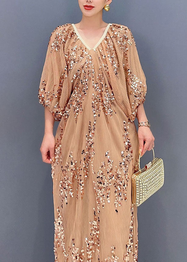 Khaki Sequins Wrinkled Tulle Party Long Dress Puff Sleeve