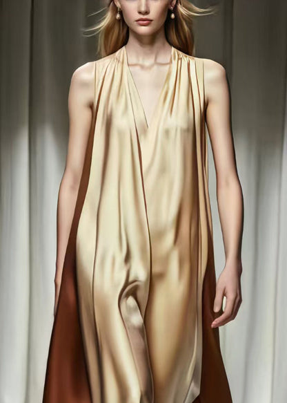 Khaki V Neck Patchwork Silk Robe Dresses Summer