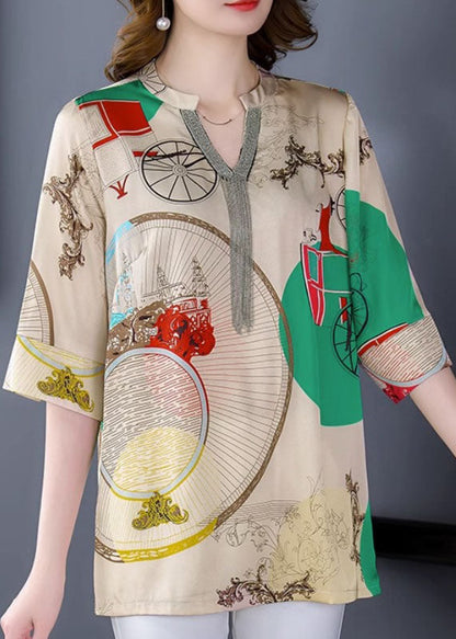 Khaki V Neck Print Patchwork Silk Shirts Tops Bracelet Sleeve