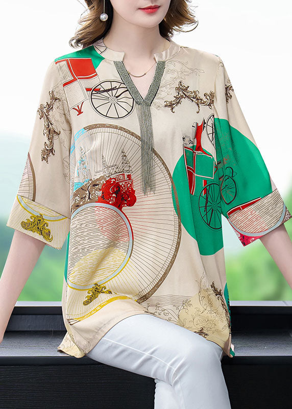 Khaki V Neck Print Patchwork Silk Shirts Tops Bracelet Sleeve