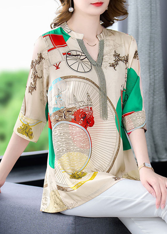 Khaki V Neck Print Patchwork Silk Shirts Tops Bracelet Sleeve