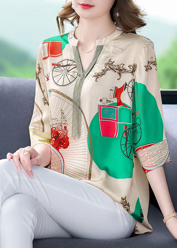 Khaki V Neck Print Patchwork Silk Shirts Tops Bracelet Sleeve