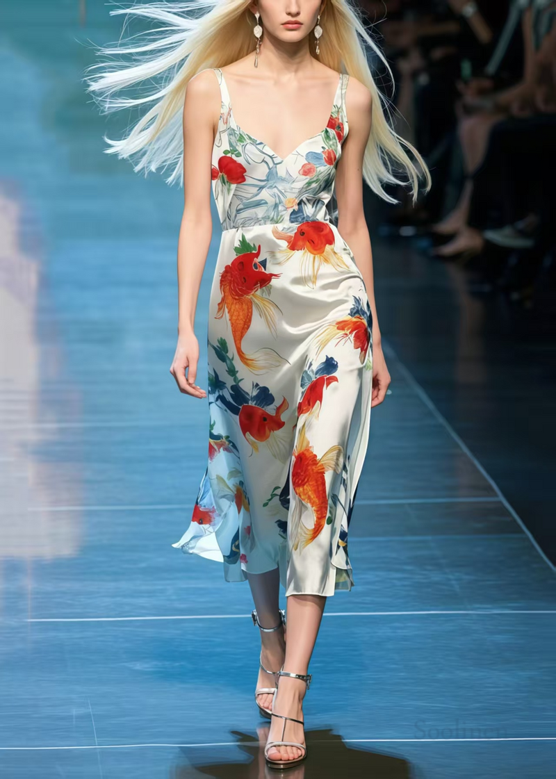 Koi Fish Print Draping Silk Cami Dresses Summer