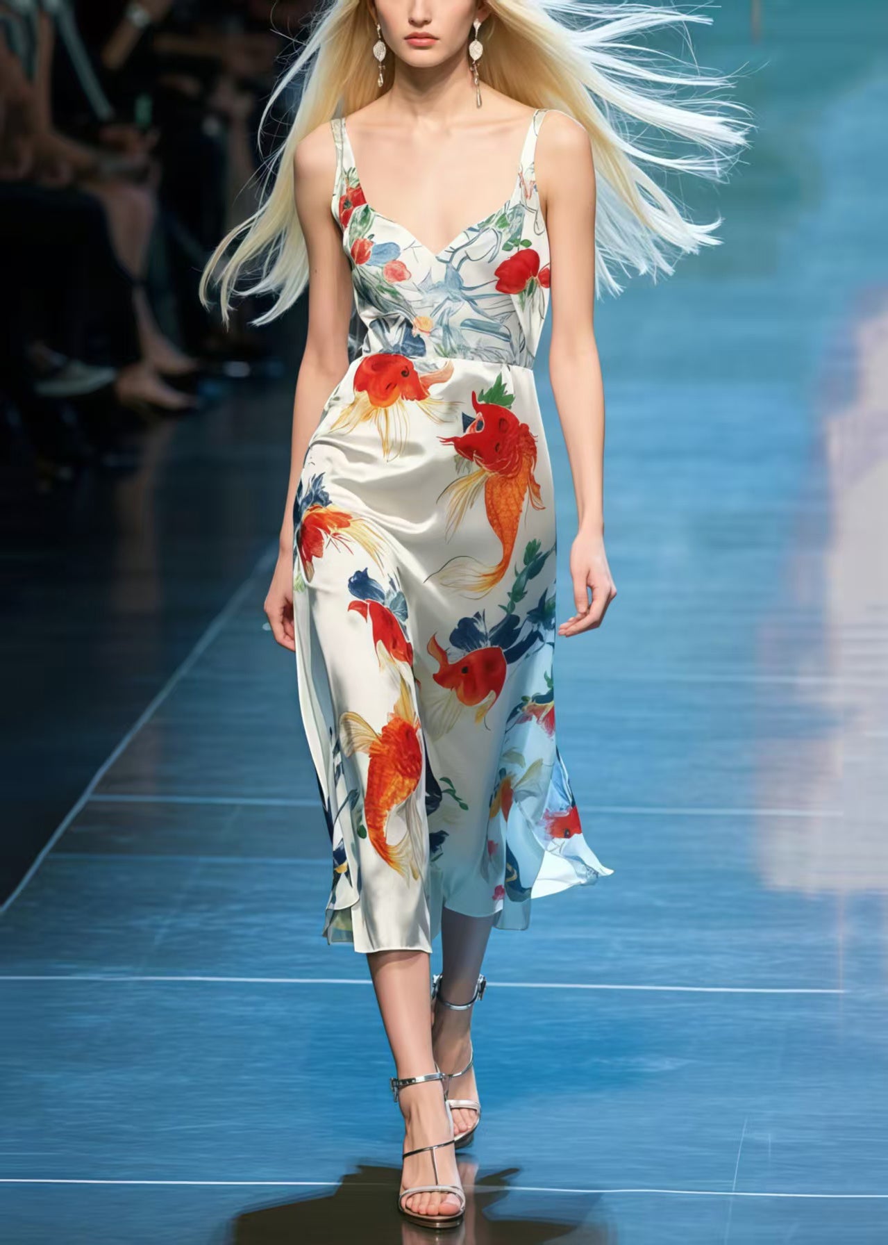 Koi Fish Print Draping Silk Cami Dresses Summer