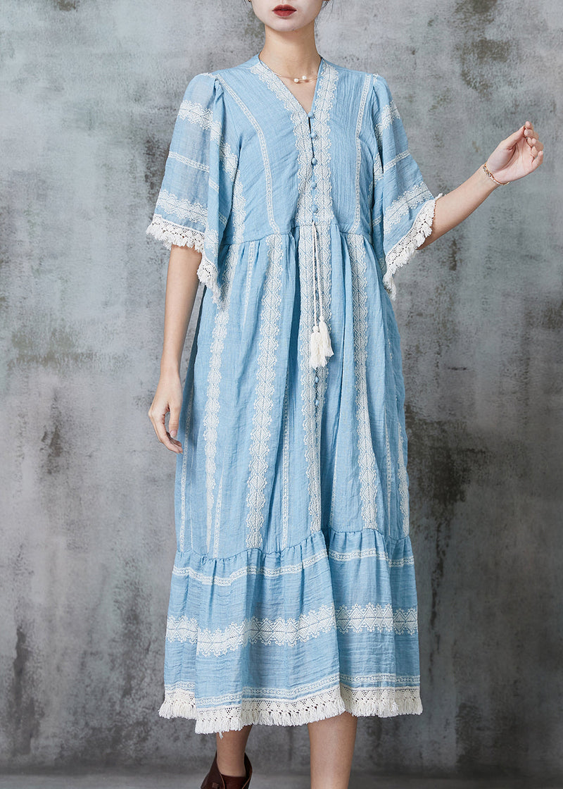 Lake Blue Oversized Drawstring Cotton Maxi Dresses Summer