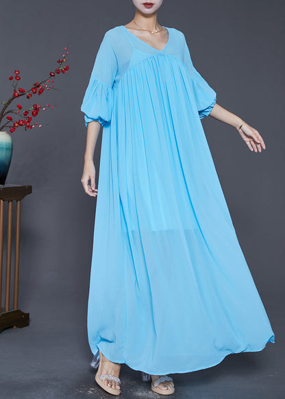 Lake Blue Oversized Wrinkled Chiffon Maxi Dress Fall