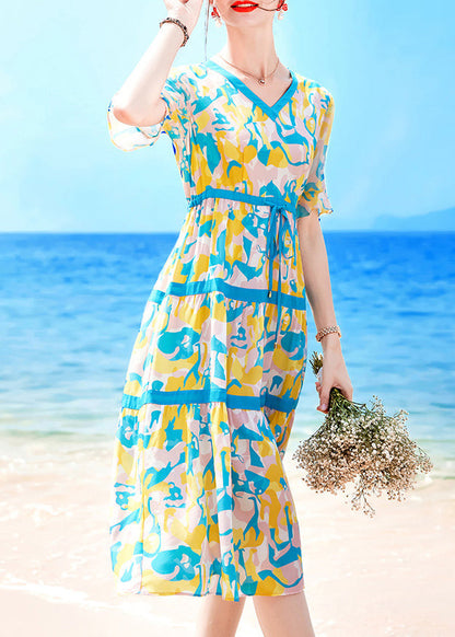 Lake Blue V Neck Drawstring Print Chiffon Beach Dresses Short Sleeve