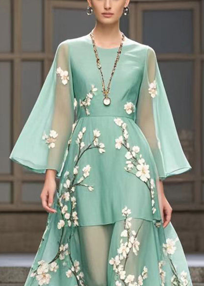 Lake Green Plum Blossom Print Chiffon Party Dress Fall