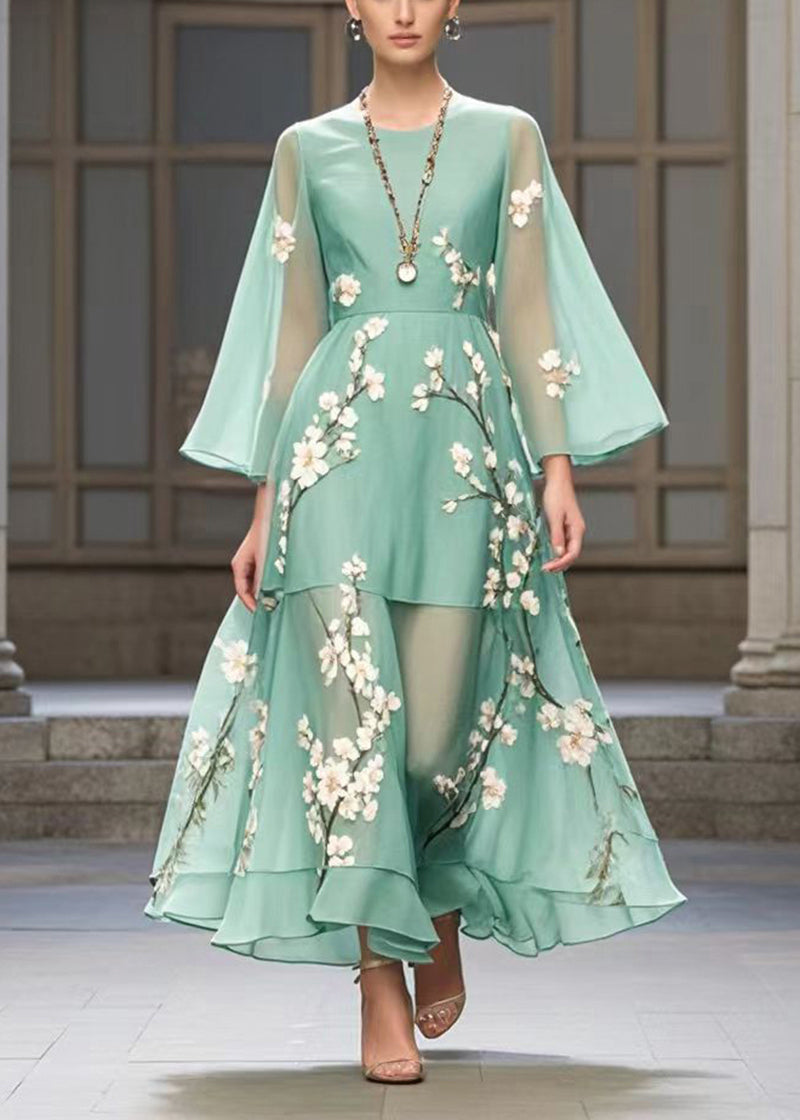 Lake Green Plum Blossom Print Chiffon Party Dress Fall