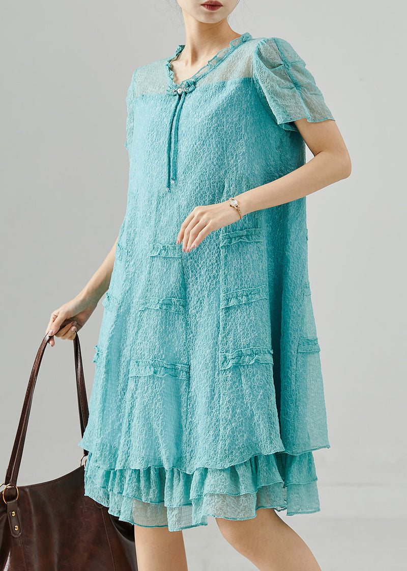 Lake Green Tasseled Ruffled Silk Dress Summer