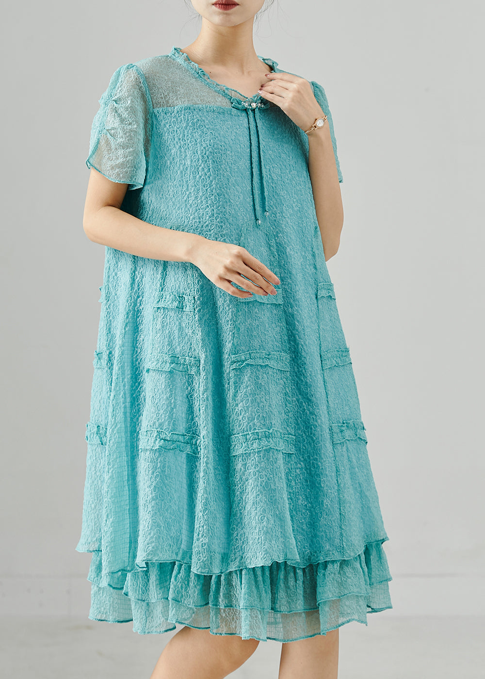 Lake Green Tasseled Ruffled Silk Dress Summer