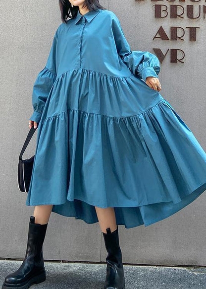 Lapel Cinched Spring Clothes for Fabrics Blue Dresses