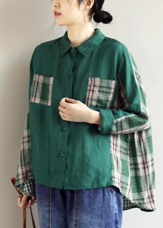 Beautiful Lapel Patchwork Spring Blouse Fabrics Green Plaid Shirts