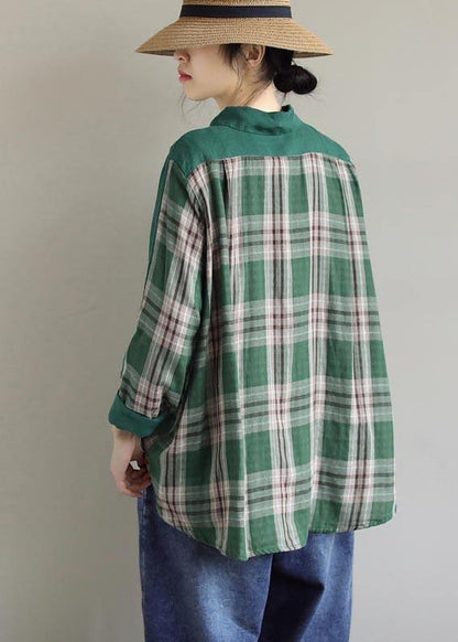 Beautiful Lapel Patchwork Spring Blouse Fabrics Green Plaid Shirts