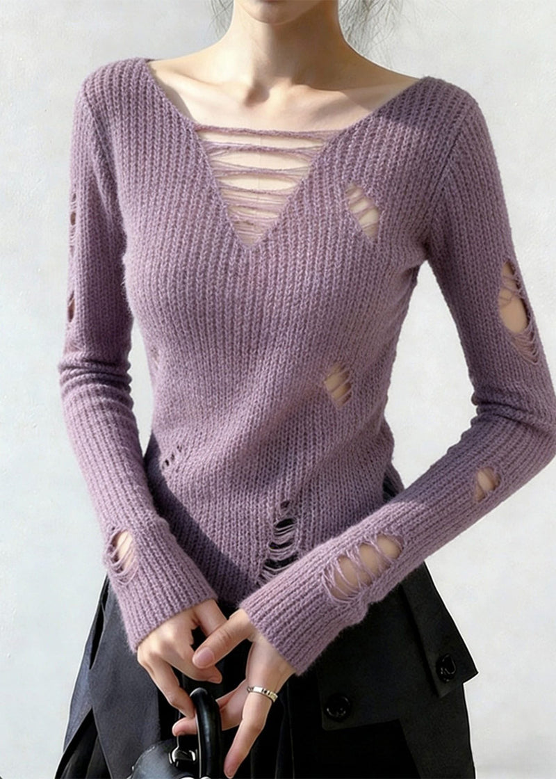 Lavender V Neck Ripped Knitted Tops Spring