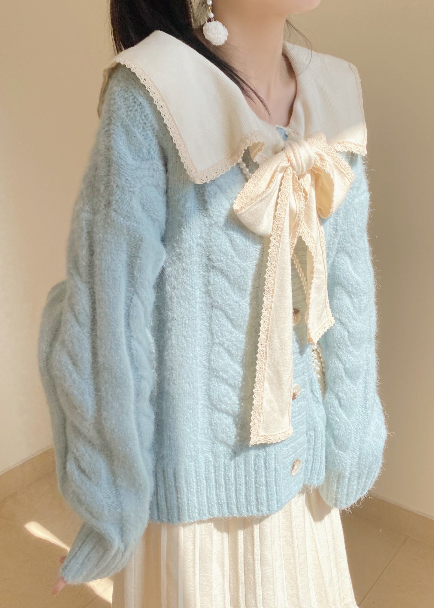 Light Blue Bow Collar Cozy Knit Sweater Tops Winter