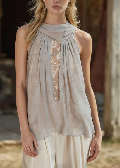 Light Blue Lace Patchwork Chiffon Top Sleeveless