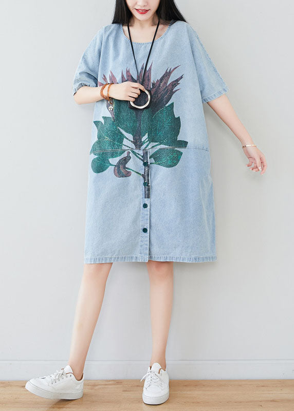 Light Blue Oversized Patchwork Print Cotton Denim Dress Summer