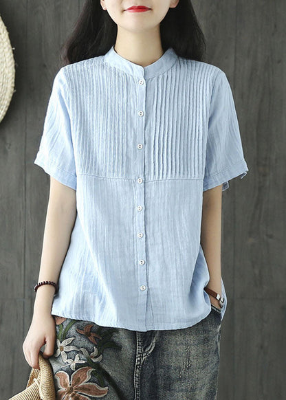 Light Blue Stand Collar Wrinkled Button Linen Blouse Tops Short Sleeve