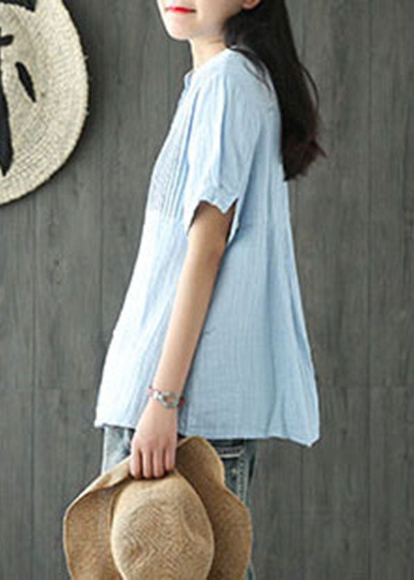 Light Blue Stand Collar Wrinkled Button Linen Blouse Tops Short Sleeve