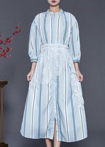 Light Blue Striped Patchwork Lace Cotton Dresses Spring