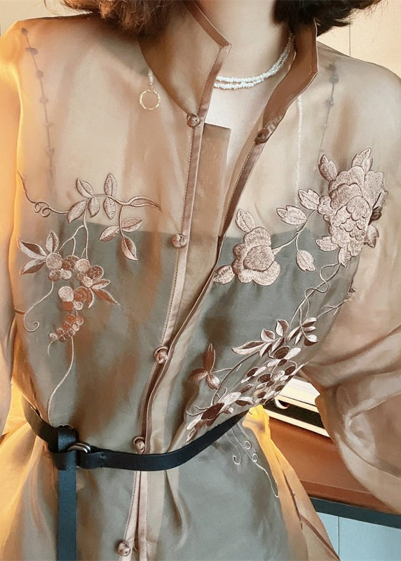 Light Brown Embroideried Side Open Sashes Silk Shir Long Sleeve