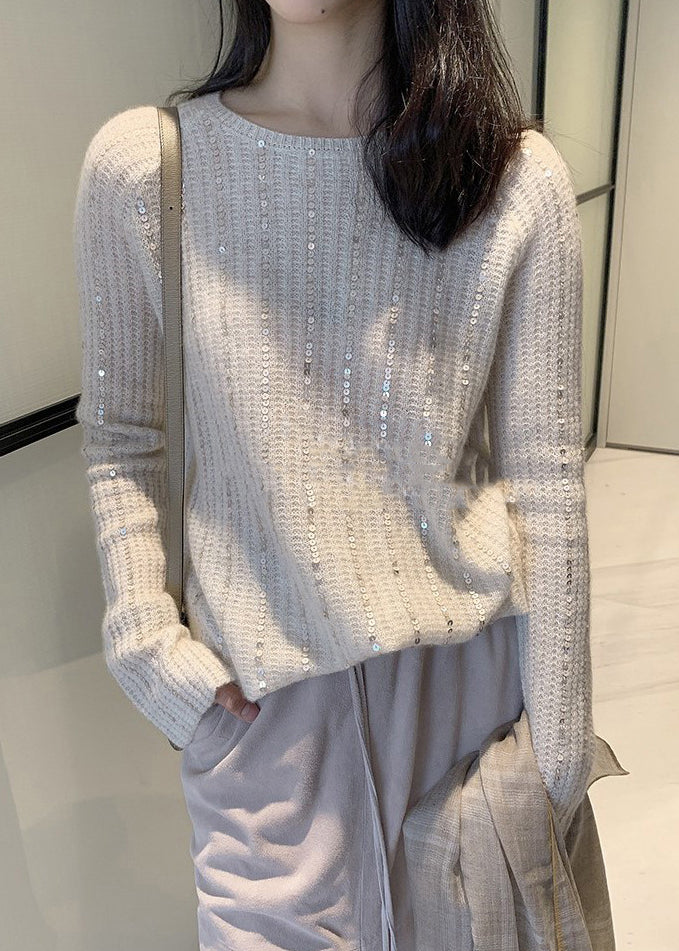 Light Brown O Neck Sequins Knit Sweaters Long Sleeve
