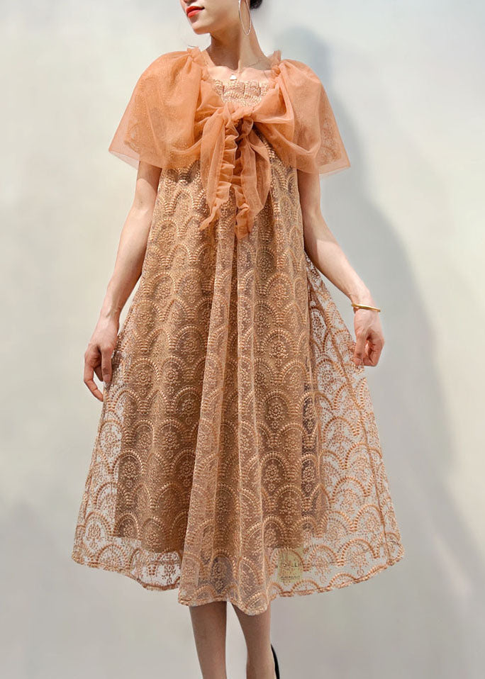 Light Coffee Ruffled Patchwork Lace Mid Dress Summer