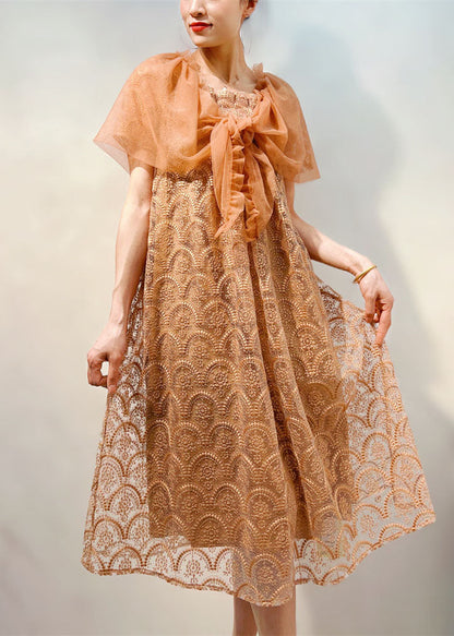 Light Coffee Ruffled Patchwork Lace Mid Dress Summer