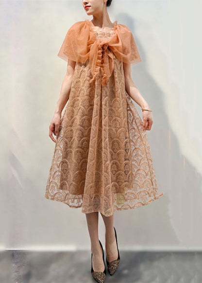 Light Coffee Ruffled Patchwork Lace Mid Dress Summer