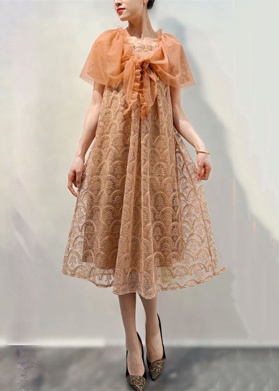 Light Coffee Ruffled Patchwork Lace Mid Dress Summer