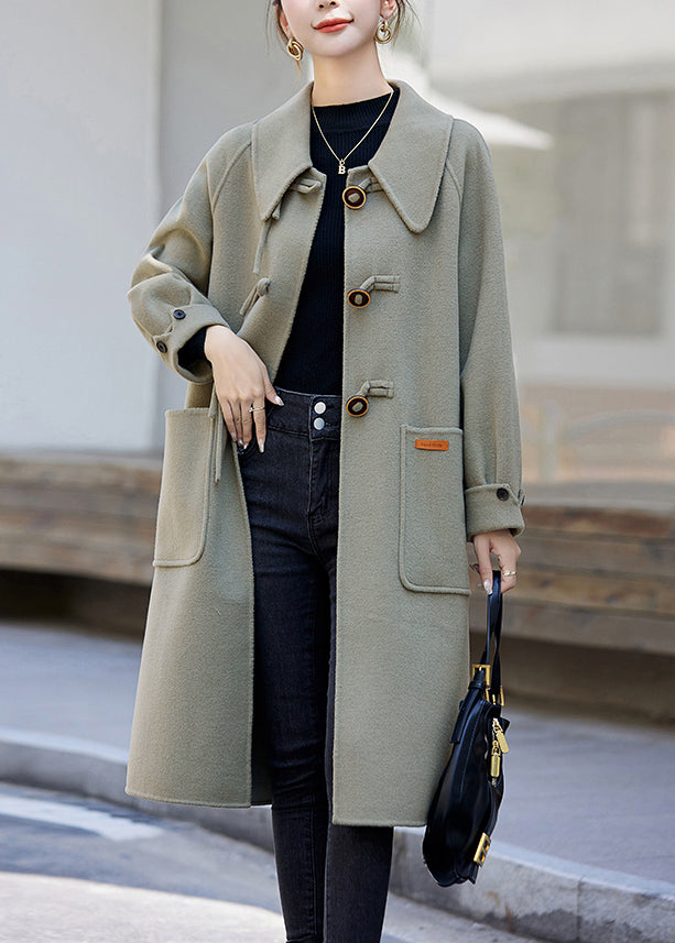 Light Green Button Pockets Patchwork Cashmere Coats Fall