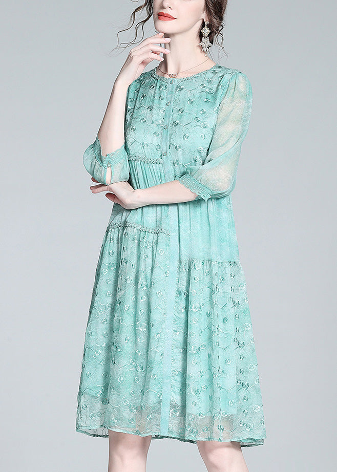 Light Green O-neck Embroideried Button Long Dresses Summer